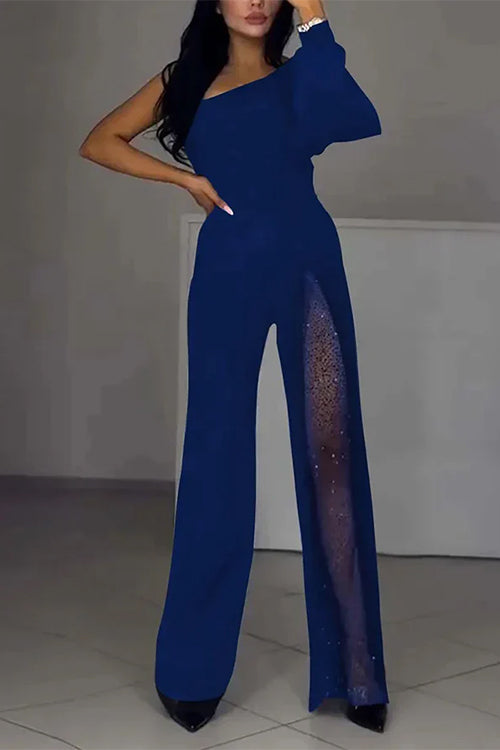 Karleedress Stylish One Shoulder Slit Long Sleeve Mesh Splice Wide Leg Jumpsuit