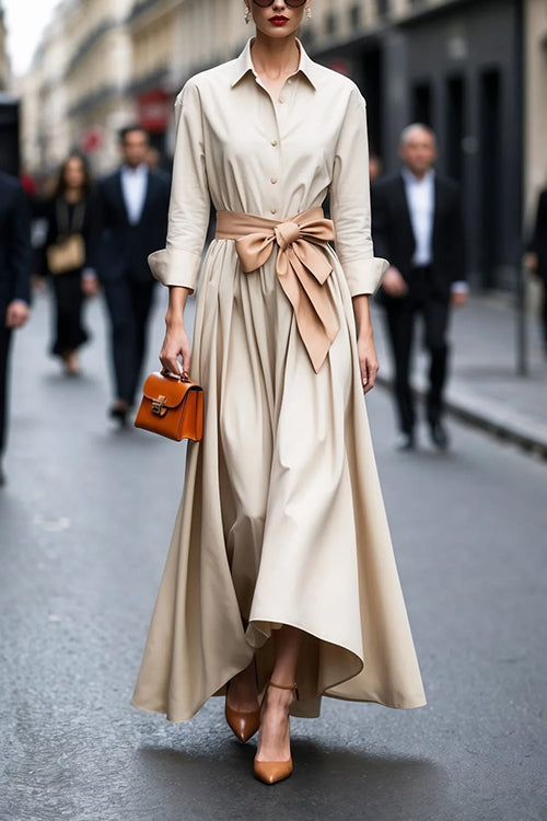 Karleedress Lapel Long Sleeves Button Up Tie Waist Maxi Dress