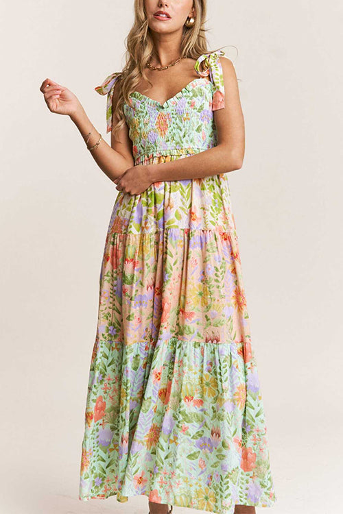 Karleedress V Neck Bow Shoulder Tiered Floral Print Maxi Dress