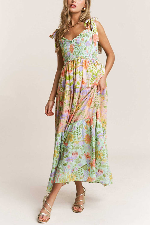 Karleedress V Neck Bow Shoulder Tiered Floral Print Maxi Dress
