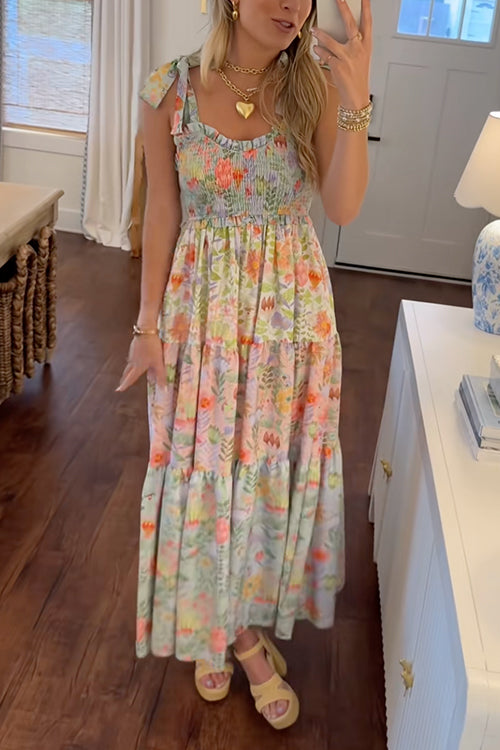 Karleedress V Neck Bow Shoulder Tiered Floral Print Maxi Dress