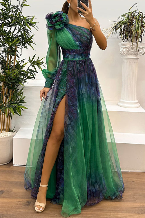 Karleedress One Shoulder Long Sleeve High Waist Printed Mesh Slit Maxi Dress