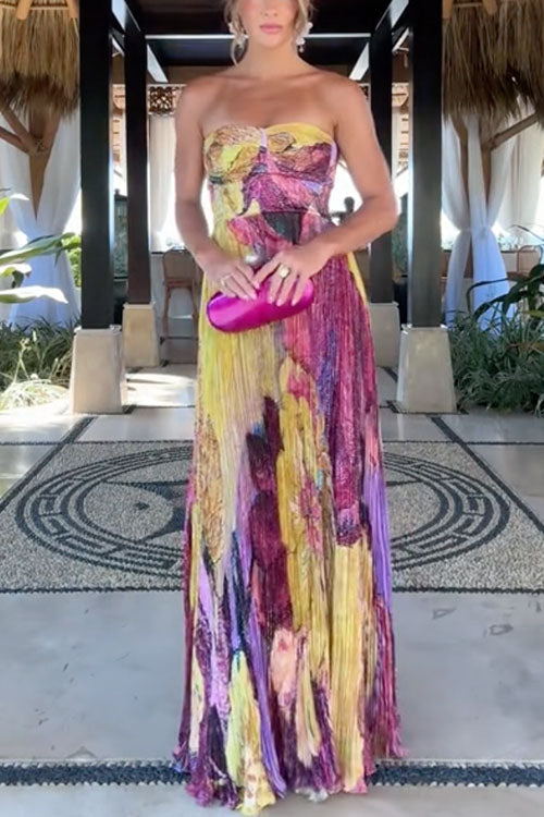 Spaghetti Strap Waisted Floral Print Pleated Swing Maxi Dress