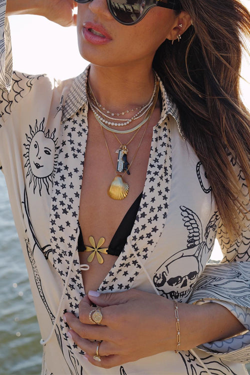 Karleedress Collared V Neck Shirt and Side Slit Shorts Vitamin Sea Print Set