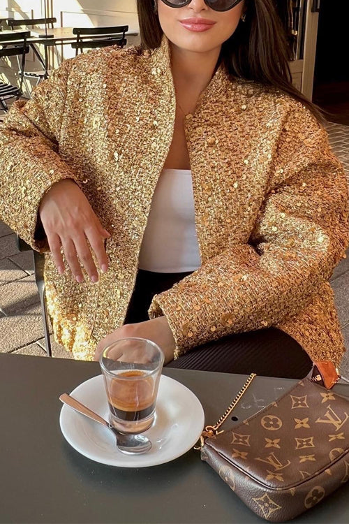 Karleedress Stand Collar Zip Up Pocketed Sequin Jacket