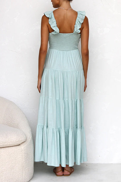 Karleedress V Neck Ruffle Trim Tiered Sleeveless Linen Maxi Dress