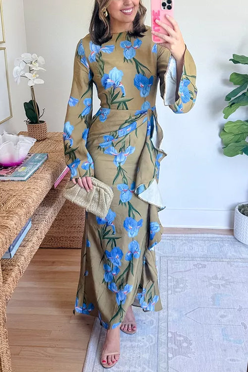 Bell Long Sleeves Floral Print Draped Slit Maxi Dress