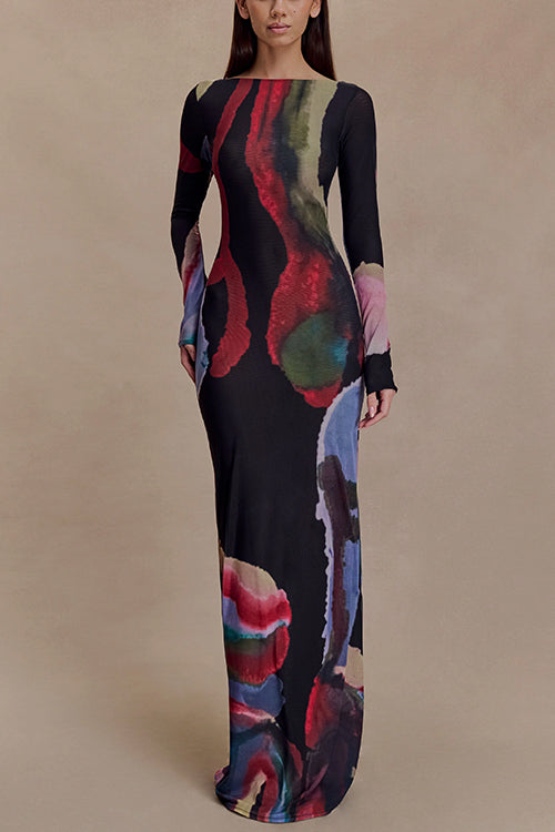 Boat Neck Long Sleeves Watercolor Print Maxi Dress