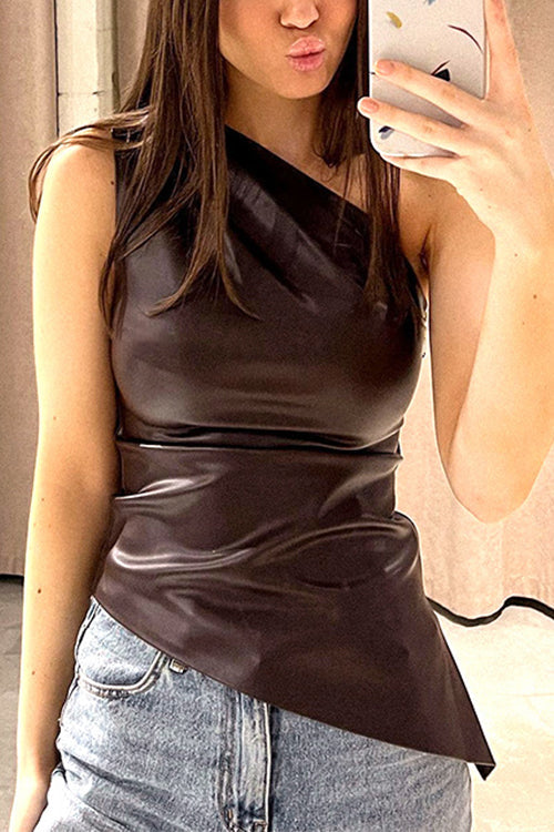 Karleedress One Shoulder Sleeveless Asymmetric Faux Leather Top