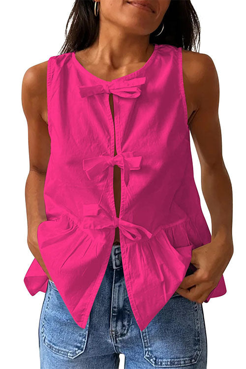 Karleedress Bow Front Sleeveless Cotton Linen Ruffle Top(in 6 Colors)