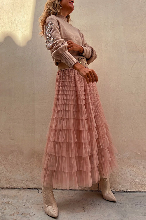 Karleedress Tulle Layered Ruffle Mesh Maxi Skirt