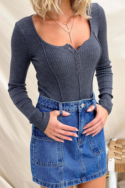Long Sleeves Button Down Slim Fit Ribbed Knit Top