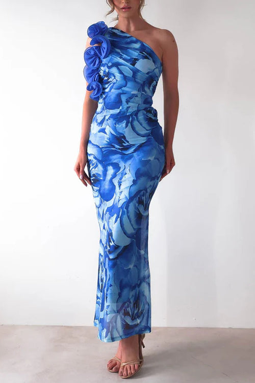 Karleedress Ruffle One Shoulder Floral Print Bodycon Maxi Dress