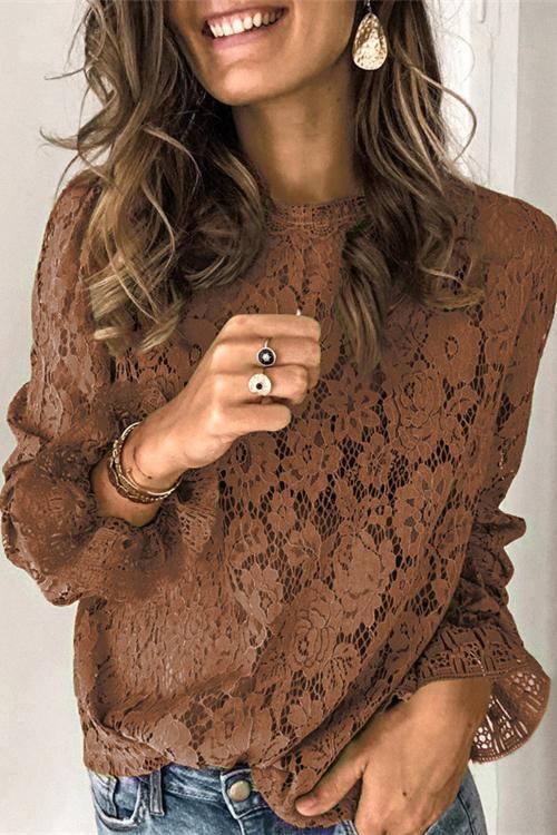Karleedress Floral Lace Hollow Out Bell Sleeves Tops