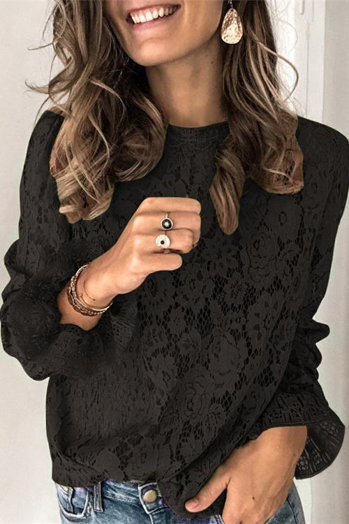 Karleedress Floral Lace Hollow Out Bell Sleeves Tops