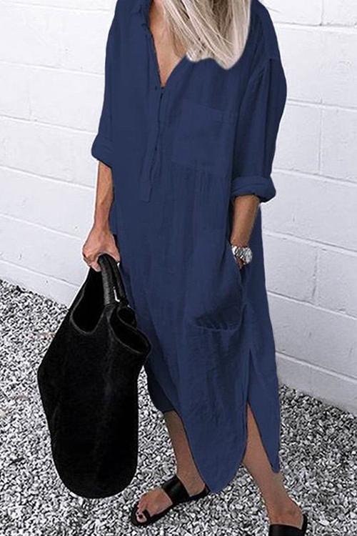 Karleedress Lapel Buttons Pockets Side Split Long Shirt Dress