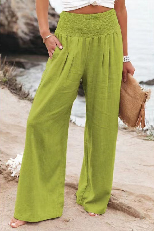 Karleedress Frilled Elastic Waist Wide Leg Cotton Linen Pants