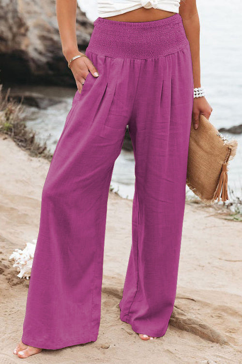 Karleedress Frilled Elastic Waist Wide Leg Cotton Linen Pants
