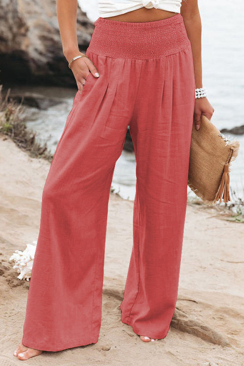 Karleedress Frilled Elastic Waist Wide Leg Cotton Linen Pants
