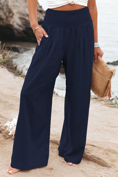 Karleedress Frilled Elastic Waist Wide Leg Cotton Linen Pants