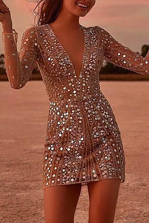 Karleedress Deep V Neck Mesh Sequin Party Dress