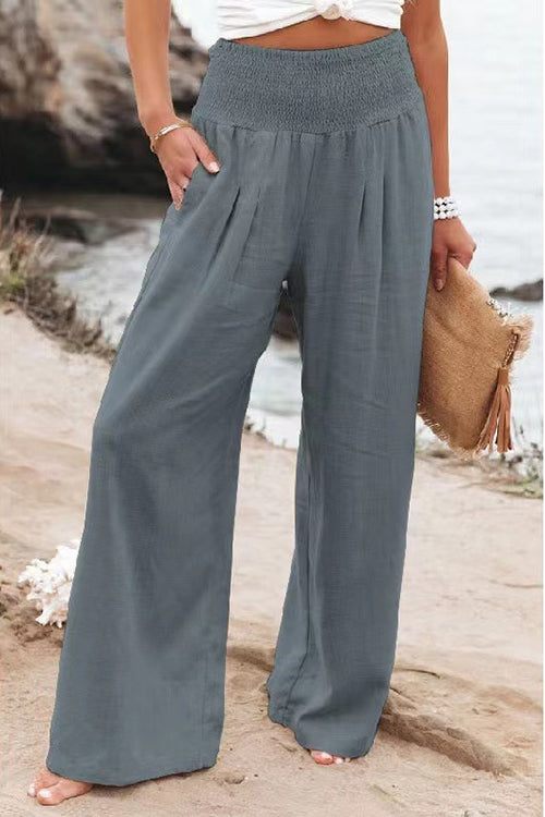 Karleedress Frilled Elastic Waist Wide Leg Cotton Linen Pants