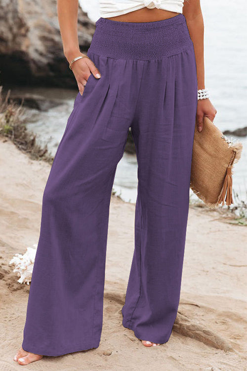 Karleedress Frilled Elastic Waist Wide Leg Cotton Linen Pants