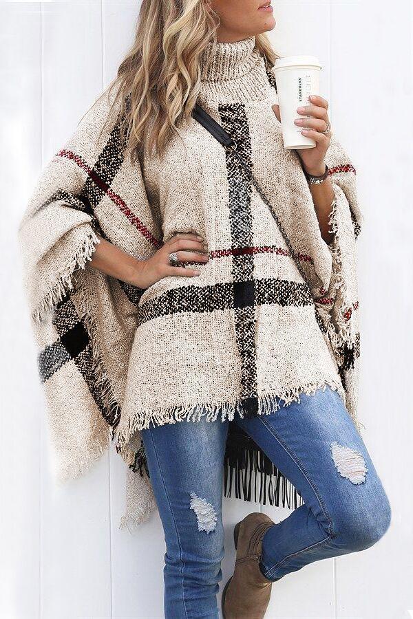 Karleedress Classic Tassel Lattice Cloak Poncho Sweater