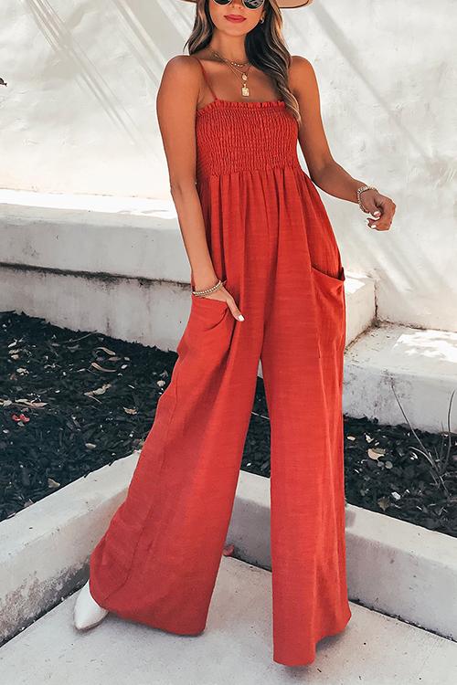 Karleedress Frill Smocked Wide Leg Pockets Cami Jumpsuit