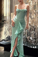 Karleedress Spaghetti Strap Frill Trim Draped Slit Maxi Dress