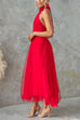 Karleedress Bow Knot Halter Open Back Tulle Maxi Dress