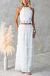 Karleedress Halter Backless Crop Top and Ruffle Tiered Maxi Skirt Chiffon Set