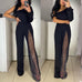 Karleedress Stylish One Shoulder Slit Long Sleeve Mesh Splice Wide Leg Jumpsuit