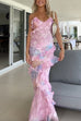 Karleedress Ruffle Trim Open Back Printed Maxi Cami Dress