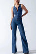 Karleedress Zip Up Sleeveless Heart Back Bell Bottom Denim Jumpsuit
