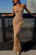 Karleedress Strapless Ruched Glitter Mesh Bodycon Maxi Gown
