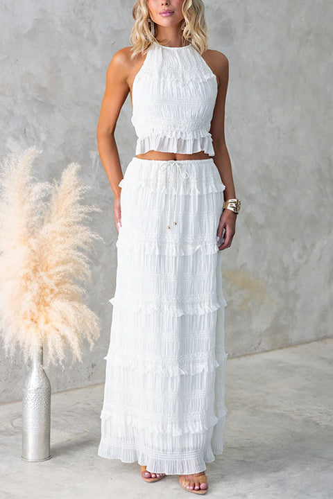 Karleedress Halter Backless Ruffle Crop Top and Tiered Maxi Skirt Chiffon Set