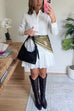 Long Sleeves Button Up Pleated Hem Mini Shirt Dress