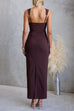 Adjustable Strap Back Slit Ruched Bodycon Maxi Dress