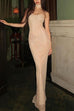 Karleedress Strapless Ruched Glitter Mesh Bodycon Maxi Gown
