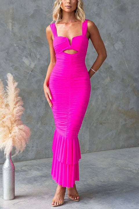 Karleedress Sleeveless Cut Out Ruched Ruffle Bodycon Maxi Dress