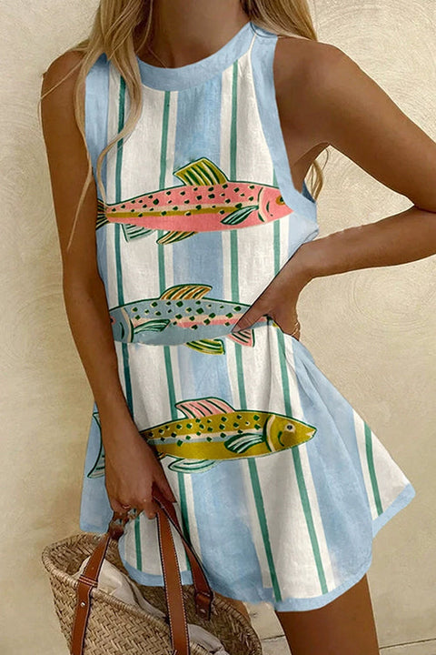 Karleedress Sleeveless Fish Print Striped Casual Mini Dress