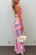 Karleedress Ruffle Trim Open Back Printed Maxi Cami Dress