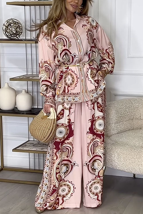 Karleedress Unique Print Long Sleeves Button Up Shirt and Wide Leg Palazzo Pants Set