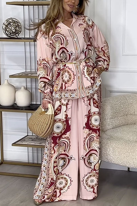 Karleedress Unique Print Long Sleeves Button Up Shirt and Wide Leg Palazzo Pants Set