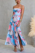 Strappy Ruched Waist Slit Floral Print Maxi Dress