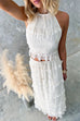 Karleedress Halter Backless Crop Top and Ruffle Tiered Maxi Skirt Chiffon Set