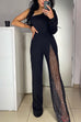 Karleedress One Shoulder Long Sleeve Patchwork Wide Leg Jumpsuit