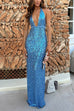 Halter Deep V Neck Open Back Sequin Maxi Party Dress
