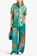 Karleedress Roll Up Short Sleeves Shirt and Wide Leg Pants Printed Satin Set
